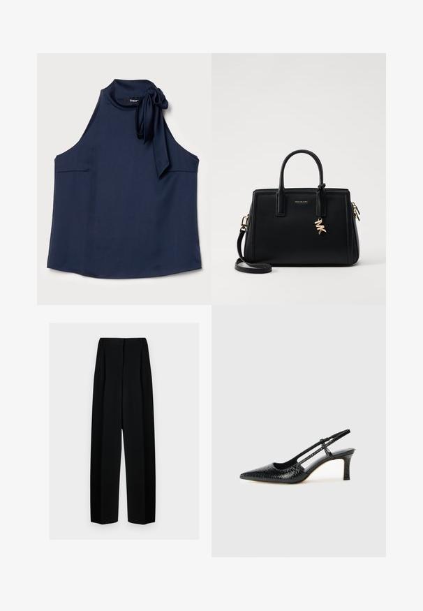 Theory SIDE TIE - Top - nocturne navy; Schwarze weit geschnittene Hosen mit hoher Taille, die Falten und eine glatte Textur aufweisen. Der Stoff wirkt leicht und fällt elegant.; Schwarze Lack-Slingback-Pumps mit spitzem Zehenbereich, versehen mit strukturiertem Schlangenprint, verstellbarem Riemen und einem kurzen, strukturierten Blockabsatz.; Schwarze Ledertasche mit strukturiertem Design, doppelten oberen Griffen, abnehmbarem Schulterriemen, goldfarbenen Beschlägen und einem Logo-Anhänger.