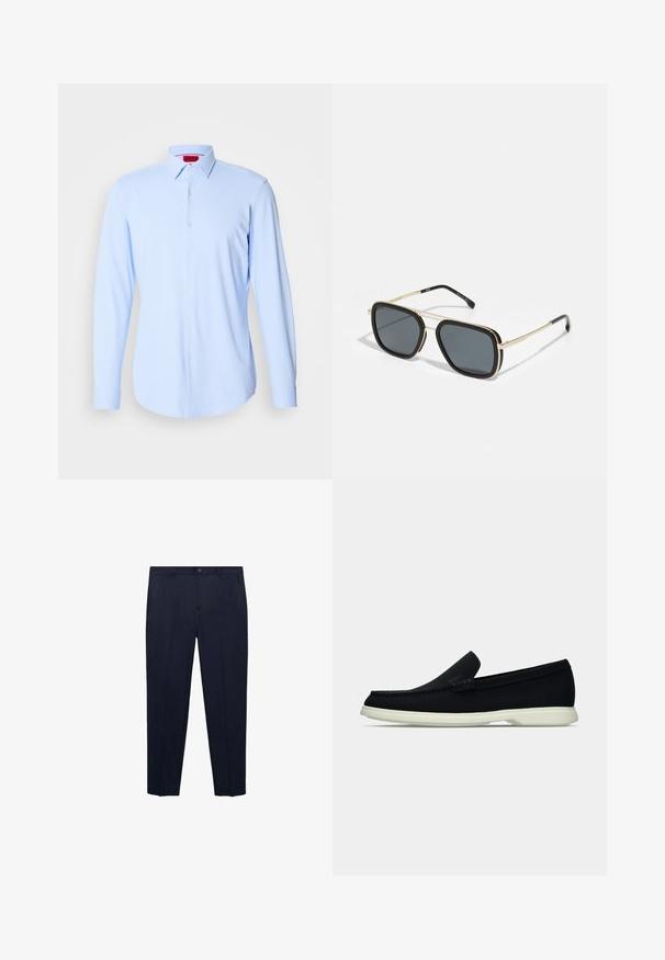 Svetlo modra dolgoračna srajca iz gladkega materiala, z gumbom spredaj, razširjenim ovratnikom in zaobljenim robom. Oznaka blagovne znamke vidna v notranjosti ovratnika.; Mornarsko modre hlače iz gladkega materiala, z ravnim krojem, standardnim pasom s gumbom in diskretnimi stranskimi žepi.; Črne slip-on čevlje z zaobljenim nosom, ki imajo strukturirano zgornji del, gladek bel podplat in subtilen logotip na strani.; Črne in zlate sončna očala s kvadratno obliko, kovinskim okvirjem, temno sivo lečo in črnimi nastavki za ušesa. Imajo dvojni most.
