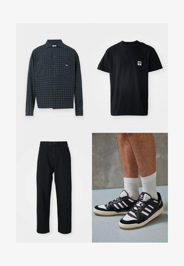 Camisa de botones en franela azul oscura con un patrón en cuadrícula en blanco y naranja. Presenta un cuello y un bolsillo en el pecho con detalle de logo.; Camiseta de algodón negra con cuello redondo, mangas cortas y un bolsillo en el lado izquierdo del pecho que presenta un logotipo en forma de corazón en blanco.; Pantalones de mezclilla negros con un corte recto. Presenta un diseño clásico de cinco bolsillos, cierre de botones y una sutil textura en la tela.; Zapatillas en blanco y negro con parte superior de ante y cuero, que presentan tres franjas blancas, una puntera perforada y una suela de goma.
