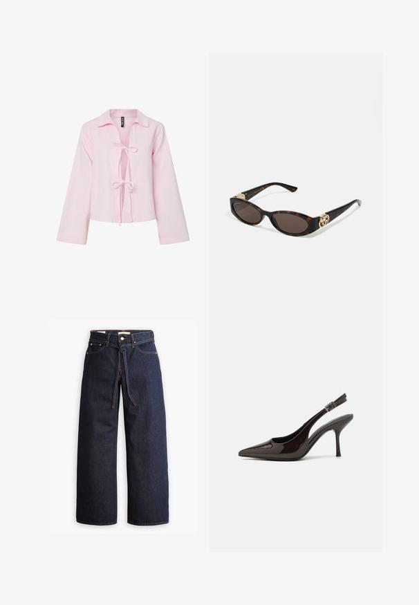 Light pink cropped shirt with long sleeves, featuring a collar and a bow tie closure at the front. Made from a soft fabric.; Wide-leg dark blue denim jeans with a high waist, featuring a drawstring tie, five pockets, and contrasting stitching details.; Slingback high-heeled shoe in glossy dark brown patent leather, pointed toe, open sides, and adjustable ankle strap.; Tortoiseshell sunglasses with elongated oval lenses, brown tint, gold logo accents on temples, and sleek black arms.; Brown patterned handbag with a textured fabric, brown leather strap, and gold logo detail on a beige background. Curved, structured shape.