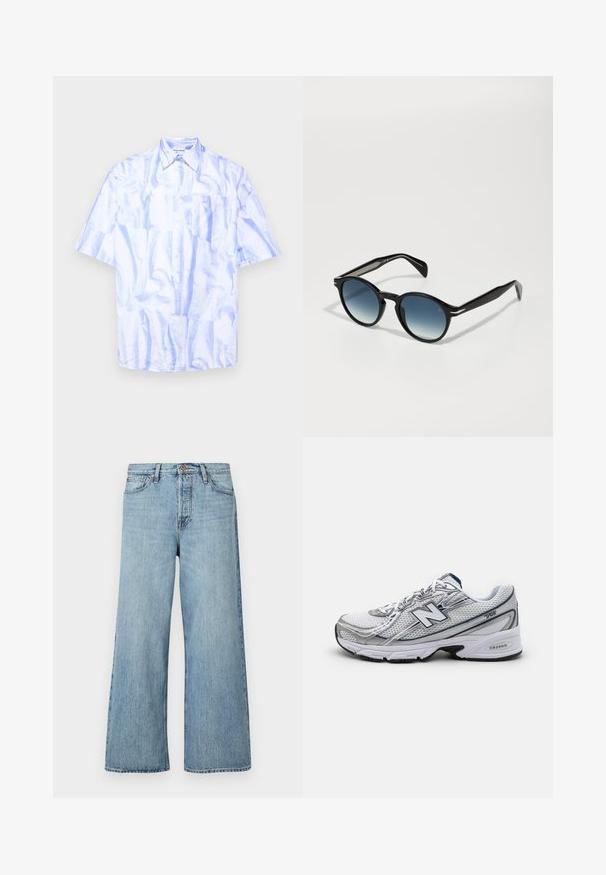 Kurzärmeliges Button-Down-Hemd in hellblau mit einer glänzenden, zerknitterten Textur; verfügt über eine Brusttasche und ein klassisches Kragendesign.; Weißes Baumwoll-T-Shirt mit kurzen Ärmeln, Rundhalsausschnitt und lässigem Schnitt. Glatte Textur ohne sichtbare Muster oder Akzente.; Helle blaue, weit geschnittene Jeans aus Denim mit Knopfverschluss, dezentem Verblassen und klassischem Fünf-Taschen-Design.; New Balance Sportschuh mit einem Mesh-Obermaterial, überwiegend weiß mit grauen und marineblauen Akzenten, ausgestattet mit einer gepolsterten Sohle und strukturierten Details.; Schwarze Sonnenbrille mit ovaler Form, gradienten blauen Gläsern und schlanken Bügeln mit markanten silbernen Akzenten. Glatte Textur über das gesamte Design.
