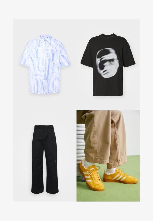 Srajca s kratkimi rokavi v svetlo modri barvi z sijočo, nagubano teksturo; ima žep na prsih in klasičen ovratnik.; Črna bombažna majica s kratkimi rokavi, ki prikazuje zamegljeno belo grafiko obraza. Ima krogu oblikovan izrez.; Črne široke hlače z gladko teksturo, z rednim pasom in majhnim izvezenim logotipom blizu desne noge.; Rumene semiš tene z belimi črtami, z gumijastim podplatom, tkaninskimi vezalkami in oblazinjenim ovratnikom, v kombinaciji s bež bombažnimi hlačami.