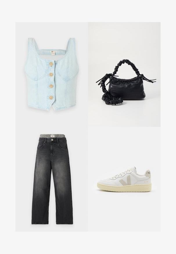 Ανοιχτό μπλε τζιν κοντό τοπ με τετράγωνη λαιμόκοψη, διακοσμημένο με πέντε ξύλινους κουμπιά μπροστά και καμπυλωτές ραφές στο πλάι.; Μαύρα τζιν με φαρδιές leg και λινό ζώνη με σχέδιο καρό. Χαρακτηριστικά περιλαμβάνουν μπροστά τσέπες και κλείσιμο με κουμπί. Εντονότατη φθορά.; Λευκά δερμάτινα αθλητικά παπούτσια με μπεζ σουέτ λεπτομέρειες, διάτρητο μπροστινό μέρος, επίπεδα κορδόνια και υφασμάτινη κρεμ σόλα. Διαθέτει διακριτική επωνυμία στη φτέρνα.; Μαύρη τσάντα από faux δέρμα με υφή κροκοδείλου, κλειστή στο επάνω μέρος και με ρυτιδωμένο λουρί. Φαίνεται μαλακή και συμπαγής στο σχέδιο.