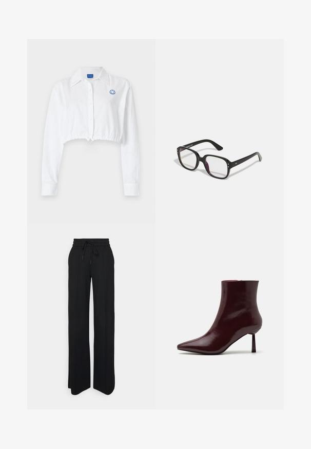 Camicia bianca a maniche lunghe, cropped, con colletto e bottoni. Presenta un logo sorridente blu sul petto e un cordino regolabile in vita.; Pantaloni neri a gamba larga realizzati in tessuto morbido. Presentano un elastico in vita con cordoncino, linee pulite e nessun motivo o accessorio visibile.; Stivale alla caviglia in pelle laccata bordeaux con punta affusolata e tacco stiletto sottile, caratterizzato da una texture liscia e lucida e da un design minimalista.; Occhiali neri rettangolari con lenti trasparenti, caratterizzati da bordi arrotondati e dettagli laterali, con una finitura lucida sulla montatura e sulle astine.