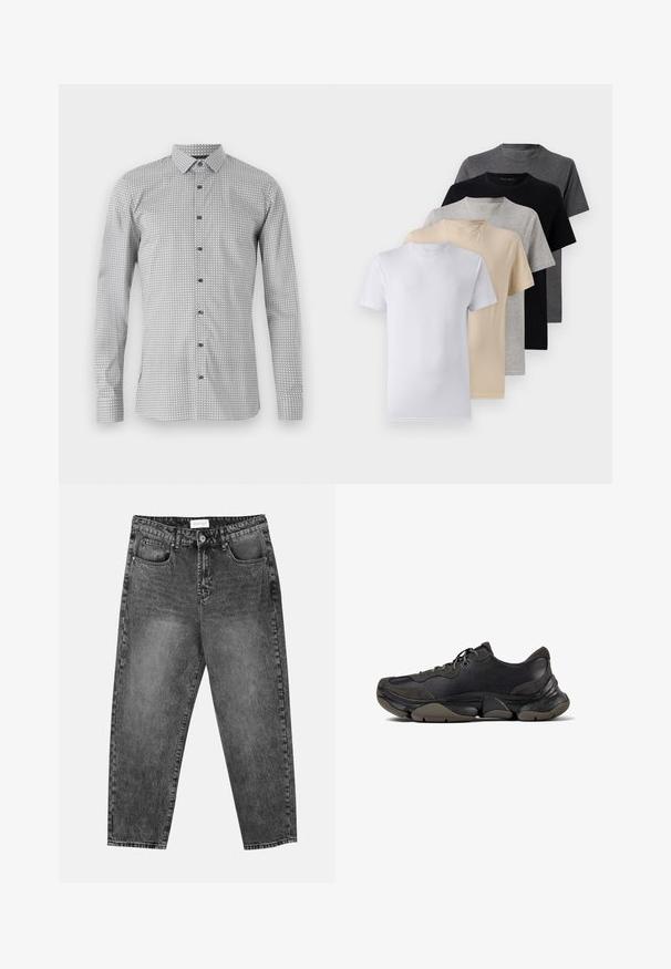 Biele a čierne tričko s dlhým rukávom s geometrickým vzorom, zapínanie na gombíky a klasický golier. Ľahký materiál s hladkou textúrou.; Sada piatich tričiek s krátkym rukávom v bielej, béžovej, svetlošedej, tmavošedej a čiernej farbe. Vyrobené z hladkej bavlny, s dizajnom okrúhleho výstrihu.; Čierne pranie rovné nohavice s prednými a zadnými vreckami, pútkami na opasok a zapínaním na gombík v páse.; Čierne atletické tenisky s textúrovanou podrážkou, koženým a semišovým zvrškom, vypchatým golierom a šnurovaním, zobrazené z bočného profilu.