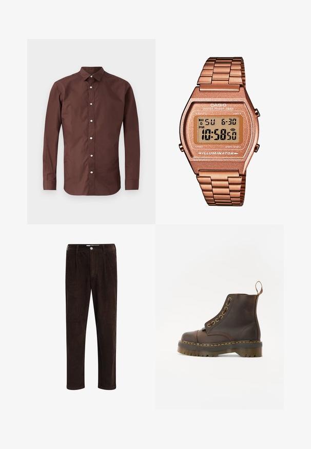 Bruine langemouwen shirt van soepele katoen. Bevat een button-down kraag en knopen aan de voorkant met een smalle, op maat gemaakte pasvorm.; YOURTURN UNISEX 3 PACK BASIC OVERSIZED T-SHIRT - T-shirt basic - dark brown/off-white/dark grey; Redefined Rebel JOHN COMFORT FIT - Broek - demitasse; Bruine leren enkellaars met een ronde neus, contrasterende gele stiksels, decoratieve metalen oogjes en een gegroefd rubberen zool.; Digitale Casio horloge met een roségouden metalen band, rechthoekige kast, verlicht display en waterdicht, toont tijd en datum.