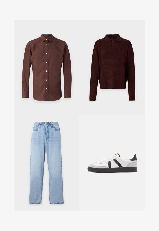 Rudas ilgomis rankovėmis marškinys, pagamintas iš lygaus medvilnės. Turi mygtukų tipo apykaklę ir priekinį mygtuką su siauru, pritaikytu siluetu.; Rudas megztinis su polo apykakle, trimis mygtukais ant kaklo ir ilgomis rankovėmis. Minkšta tekstūra, raukiniai rankogaliuose ir apatine dalyje.; Šviesiai mėlyni džinsai su tiesia siluetu, aukšta juosmens linija, penkiomis kišenėmis ir viršutiniu užsegimu. Yra išblukęs skalbimas ir kontrastingi siuvimo siūlai.; Balti sportbačiai su juodais ir pilkais akcentais, pasižymintys tekstūruotu pilku pirštų dangteliu, juoda gumine padais ir plokščiomis baltomis raišteliais. Švarus dizainas, minimalistinis stilius.