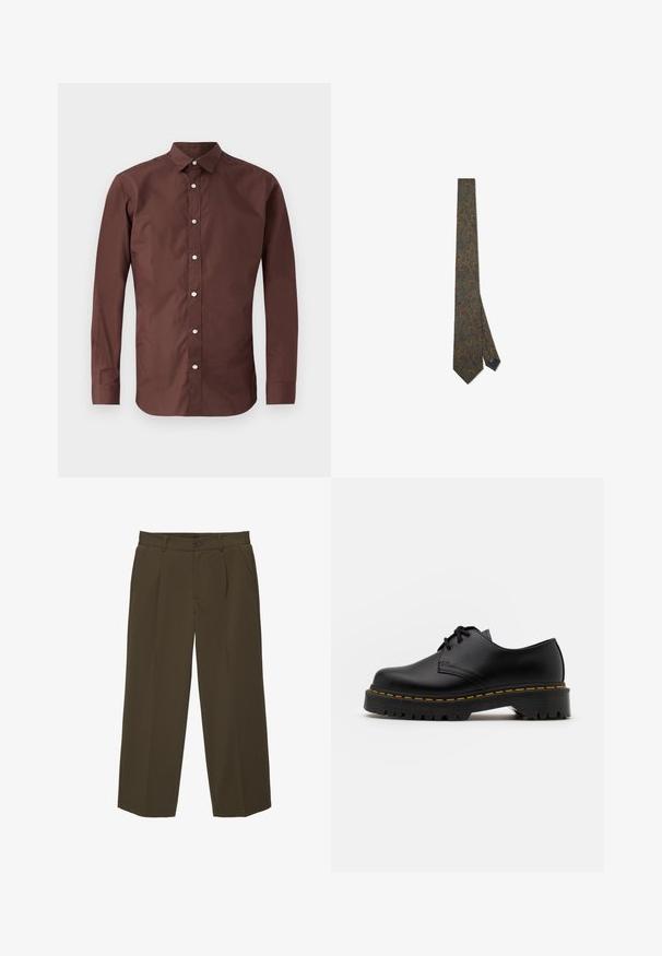 Camicione marrone a maniche lunghe realizzato in cotone morbido. Presenta un colletto a punta con bottoni e una vestibilità slim, sagomata.; Pantaloni marroni, dal fit morbido, realizzati in tessuto morbido con frontale piatto, tasche laterali e chiusura con bottone in vita. Design semplice senza fantasie.; Scarpa nera in pelle con lacci, punta arrotondata, suola in gomma texturizzata e cuciture gialle attorno alla base. Design piatto e finitura liscia.; Cravatta verde con un motivo paisley arancione e blu. Realizzata in tessuto, presenta un'estremità appuntita e una piccola etichetta su quell'estremità più stretta.