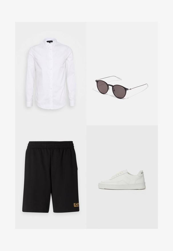 Witte langharige overhemd met een button-down kraag, gemaakt van een gladde katoen stof, met een klein logo op de borst en knopen aan de voorkant.; Zwarte katoenen T-shirt met een ronde halslijn, korte mouwen en het "EMPORIO ARMANI" logo in het wit boven "Milano" in een gebogen ontwerp.; Zwarte sportshorts van zacht materiaal, met een elastische tailleband en een klein geel EA7-logo op de onderste linkeronderbroek.; Witte leren sneaker met een gladde afwerking, ronde neus, platte veters en een gestructureerde zool. Kenmerkt zich door een subtiel logo op de hiel.; Zwarte ronde zonnebril met donkere lenzen en slanke metalen armen. Inclusief heldere tempelpunten en zilveren accenten bij de scharnier. Minimalistisch ontwerp.