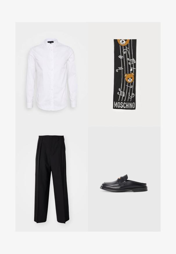 Camisa de vestir blanca de manga larga con cuello abotonado, hecha de suave tela de algodón, que presenta un pequeño logotipo en el pecho y botones en la parte delantera.; Pantalones negros plisados con un diseño recto y de pierna ancha. Fabricados en una tela suave, presentan un cierre de botón y trabillas para el cinturón.; Zapato negro de cuero tipo mocasín con punta redondeada, tacón bajo y detalle de diseño trenzado en el empeine. Presenta un estilo minimalista y una textura suave.; Bufanda de punto negra con dos cabezas de oso pardo, notas musicales y el texto "MOSCHINO" en blanco en la parte inferior. Textura suave con un diseño detallado.