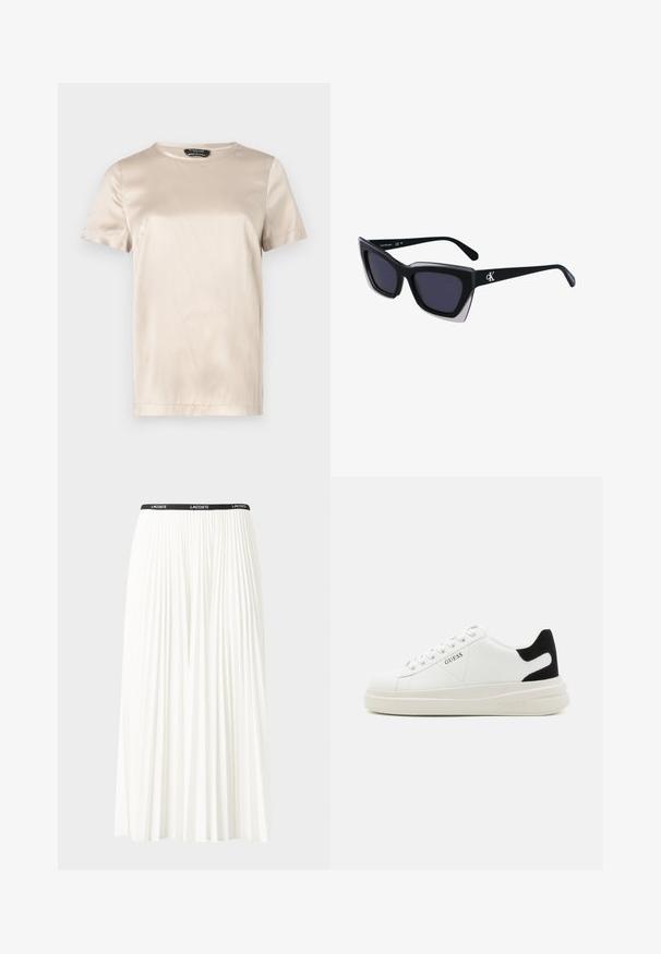 Beige sateng kortermet t-skjorte med rund halsutskjæring. Glatt tekstur og lett glans, med en liten logo detalj nær nederkanten.; Plissert hvit skjørt med en svart elastisk midje som har "LACOSTE"-logoen. Midjelengde design med myk tekstur.; Hvite lær sneakers med tykk hvit såle, svart semsket hælforsterkning og preget logo på siden. Snøresystem med seks hull.; Store svarte solbriller i overdimensjonert størrelse med geometrisk form, med mørke linser og en kontrasterende grå detalj på rammen. Logo på armen.