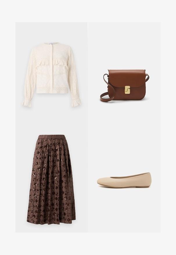 Blůza v krémové barvě s volánkovými detaily, složitou krajkovou výzdobou, dlouhými rukávy se staženými manžetami a kulatým výstřihem.; Hnědá midi sukně s elastickým pasem, zdobená květinovými flitry, s plisovaným designem a hladkou texturou látky.; Béžové kožené baletní byty s kulatou špičkou, minimálním prošíváním, nízkým podpatkem a decentním logem na zadní straně. Hladký, matný povrch.; Hnědá kožená kabelka s klopou, zlatými kovovými detaily, ramenním popruhem a hladkým povrchem. Kompaktní obdélníkový tvar.