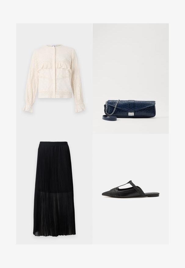 Cream-colored blouse with ruffled accents, intricate lace detailing, long sleeves with gathered cuffs, and a round neckline.; Black pleated midi skirt with a smooth, elastic waistband and sheer overlay, featuring fine vertical pleats throughout the fabric.; Black leather slingback shoe with a pointed toe, featuring a woven accent and pleated upper design. Flat sole with minimal hardware.; Navy blue leather clutch with a crocodile texture, silver chain strap, and metallic clasp. Rectangular shape with foldover design.