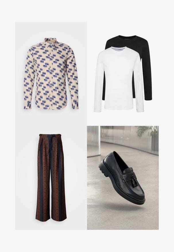 Lange mouwen button-up shirt in lichtbeige met een blauw geometrisch patroon. Gemaakt van lichte stof met een kraag en een regular-fit ontwerp.; Twee longsleeves, één zwart en één wit, gemaakt van katoen met ronde hals en een gladde textuur, gepresenteerd in een gestapelde opstelling.; Zwarte wijde broek in donkerblauwe stof met een ingewikkeld oranje geometrisch patroon, met een geplooide voorkant en een aansluitende tailleband.; Zwarte leren loafers met een gladde afwerking, decoratieve kwast, dikke rubberen zool en gestikte accenten. Lichtgewicht en strak ontwerp.