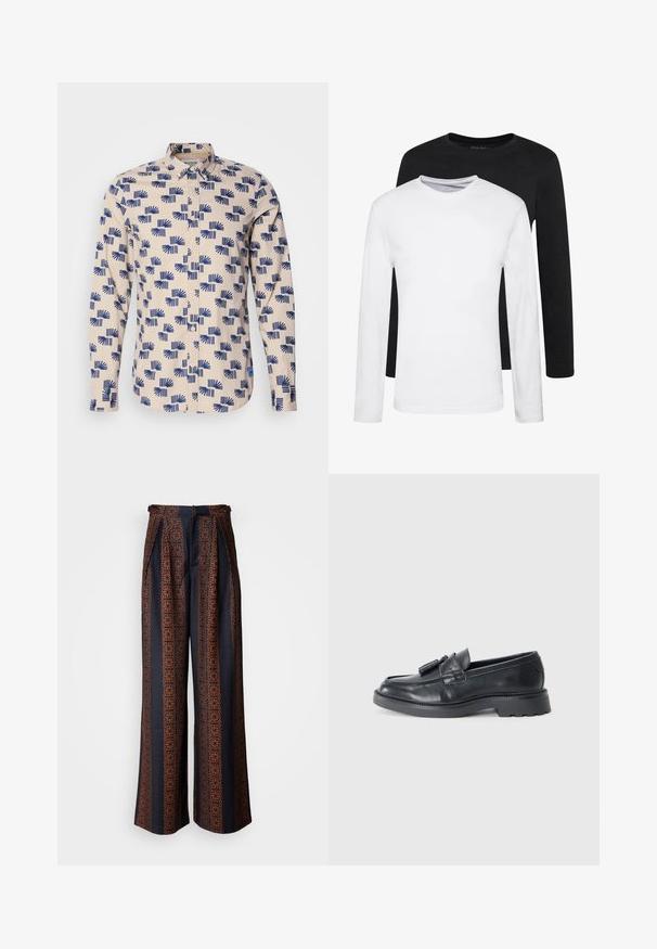 Košile s dlouhým rukávem v světle béžové barvě s modrým geometrickým vzorem. Vyrobena z lehké tkaniny, s límečkem a klasickým střihem.; Dvoje dlouhých rukávů, jedno černé a jedno bílé, vyrobené z bavlny s kulatým výstřihem a hladkou texturou, vystavené ve srovnaném uspořádání.; Široké kalhoty z tmavě modré tkaniny s jemným oranžovým geometrickým vzorem, s sklady vpředu a přiléhavým pasem.; Černé kožené mokasíny s kulatou špičkou, páskem se třásněmi a robustní podrážkou s vzorováním. Hladká textura a klasický design.