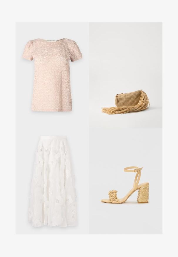 Kortärmad ljusrosa topp med mönstrad textur, rund halsringning och lätt puffärmar. Tillverkad av mjukt, lätt material.; Vit kjol i knÄllängd med blommig broderi och silverpaljetter. Lätt, flödande tyg med volanglager och en figursydd midja.; Beige högklackad sandal med flätad textur, prydd med en dekorativ blomma och vristrem. Fyrkantig klack ger stabilitet.; Cult Gaia VIERA - Kuvertväska - natural
