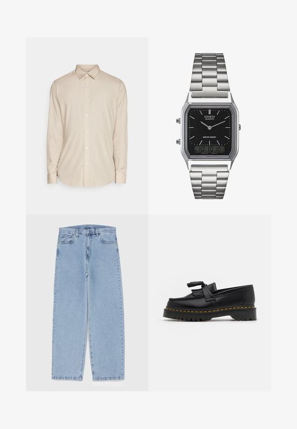 Beige, hosszú ujjas, gombos ing, gallérral, egyenes fazonnal és sima textúrával. A mellen fehér gombok találhatók.; Világoskék farmernadrág egyenes szárú kivitelben, közepes derékkal, öt zsebbel, gombos és cipzáros záródással.; Fekete bőr mokaszin, rojtos díszítéssel, masszív fekete talppal és sárga varrással az élén. Texturált felület.; Ezüst rozsdamentes acél kvarcóra fekete, téglalap alakú számlappal, analóg mutatókkal, digitális kijelzővel és vízállósági jelöléssel.