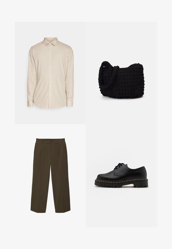 Camicia beige a maniche lunghe con bottoni e colletto, caratterizzata da un taglio dritto e una trama liscia. Presenta bottoni bianchi lungo la parte anteriore.; Pantaloni marroni, dal fit morbido, realizzati in tessuto morbido con frontale piatto, tasche laterali e chiusura con bottone in vita. Design semplice senza fantasie.; Scarpa nera in pelle con lacci, punta arrotondata, suola in gomma texturizzata e cuciture gialle attorno alla base. Design piatto e finitura liscia.; Borsa in tessuto nero con un motivo trapuntato e texture. Forma arrotondata, manici corti e spessi, e una struttura morbida e flessibile.