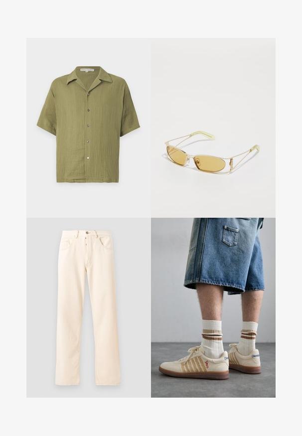 Olijfgroene shirt met korte mouwen van gestructureerde stof, knoopsluiting en ingesneden kraag. Het heeft een casual pasvorm en een subtiel weefpatroon.; Grijze katoenen t-shirt met een kleine borduurmotief van een oranje voskop boven de linkerkant van de borst. Ronde hals, korte mouwen en een klassieke pasvorm.; Lichtbeige denim jeans met een rechte pijp, vijf zakken en een sluiting met een knoop aan de voorkant. Stiksel zichtbaar langs de naden.; Beige retro sneakers met een bruine rubberen zool, met gestreepte accenten en geborduurde logo's. Draag ze met witte sokken met gestreepte bruine details.; Geel getinte zonnebril met een doorzichtig gouden montuur, slank rechthoekig ontwerp en hoekige armen met lichtgroene accenten.