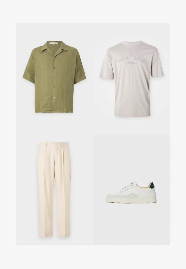 Olivenfarget kortermet skjorte med strukturert stoff, knappelukking og krage med hakk. Har en avslappet passform og subtil vevemønster.; Lys beige kortermet T-skjorte laget av myk stoff, med brodert "Emporio Armani Milano"-logo i en litt mørkere nyanse.; NN.07 KAY - Bukse - off white; Hvit sneakers med semsket detaljer, rund tå, flate snøringer og en kremfarget gummisåle. Har grønn merking på hælen.