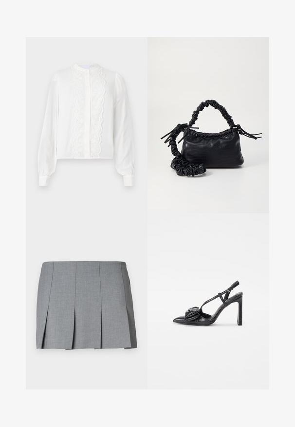 Biela blúzka s dlhým rukávom a okrúhlym golierom, obsahuje centrálnu čipkovanú časť a zapínanie na gombíky, s nariasenými rukávmi na manžetách.; Sivá skladaná sukňa s hladkou textúrou, štruktúrovaným dizajnom a priliehavým pásom. Vyrobená z ľahkej tkaniny s jemným vzorom.; Čierna lodička s vysokým podpätkom a špicatou špičkou, lesklý povrch, tenké remienky a dekoratívny plisovaný detail na prednej strane.; Čierna umelá kožená kabelka s kroko vzorom, sťahovaným vrchom a zhnutým popruhom. Vyzerá mäkko a kompaktné v dizajne.