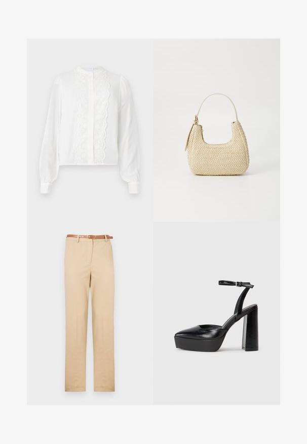 Valge pika varrukaga pluus ümmarguse kaelusega, millel on keskne pitspaneel ja nööpidega esikülg ning volangiga varrukad mansettides.; Beezid coolid kergest kangast, sirge lõikega, küljetaskutega ja pruuni nahkveeidega, millel on ristkülikukujuline pandla.; Mustad platvormi kontsad terava ninaga ja reguleeritava pahkluuraamiga. Valmistatud siledast nahast, funktsioneerib massiivse plokknäheeliga.; Kootud heleda õlgedest käekott kaarjas vormis, lühikese käepideme ja külgseppimisega. Omab tekstuurset pinda ja minimalistlikku disaini.