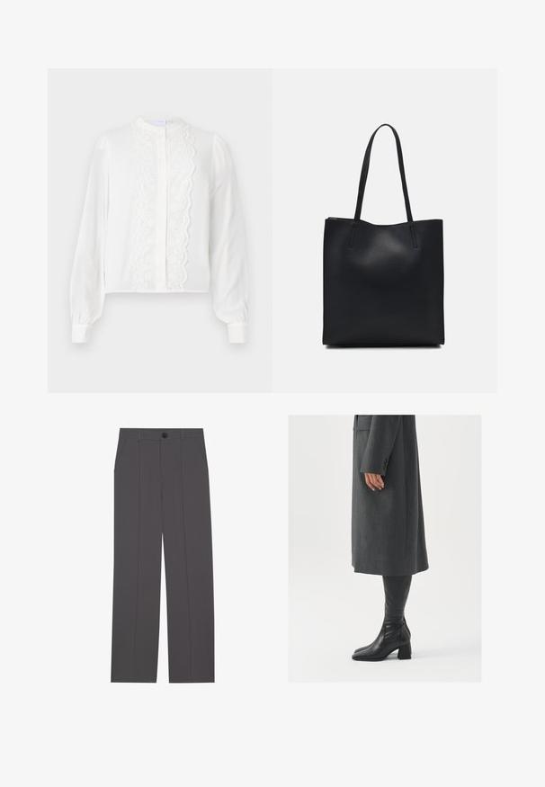 White long-sleeve blouse with a round collar, features a central lace panel and button front, and gathered sleeves at cuffs.; Grey trousers with a straight leg design, featuring two side pockets and a button closure. Smooth fabric with no visible patterns or accents.; Gray, tailored overcoat with a straight cut; paired with knee-high black leather boots featuring a square toe and chunky heel.; Black leather tote bag with smooth texture, rectangular shape, and two long handles. No visible hardware or embellishments.