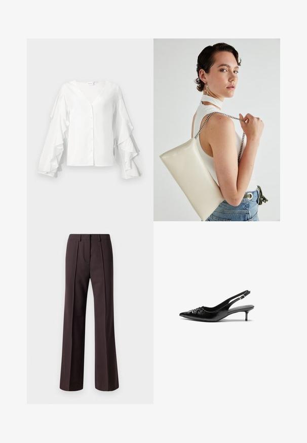 Vit blus med V-ringning, knäppning fram och voluminösa volangärmar. Tillverkad av slätt tyg med en elegant, minimalistisk design.; Vida byxor i mörkbrunt tyg med skräddarsydd design och framfållar samt en mjuk textur, lämpliga för formella tillfällen.; Svarta läder slingback klackar med spetsig tå, liten kittenklack och en dekorativ knutdetalj på framsidan. Slät textur hela vägen.; Vitt rektangulärt clutch-väsk i glänsande material, med en kedjesnor i silver. Modellen poserar och visar upp väskan mot en neutral bakgrund.