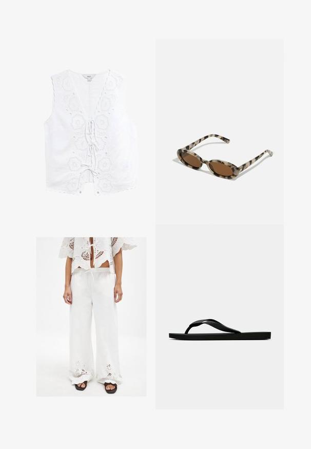 Witte linnen mouwloze top met geborduurde bloemmotieven, gegolfde randen en een voorknoopsluiting met decoratieve oogjes.; Witte wijde-pijp broeken van zacht materiaal met geborduurde kanten details aan de zoom. Voorzien van een elastische tailleband voor comfort en een relaxte pasvorm.; Zwarte rubberen flip-flop sandaal met een getextureerde strap en een eenvoudige platte zool, zijaanzicht op een effen lichte achtergrond.; schildpadsonnenbril met ovale glazen, bruine tint en dunne patroonzijkanten. Lichtgewicht kunststof materiaal met subtiele gouden accenten.