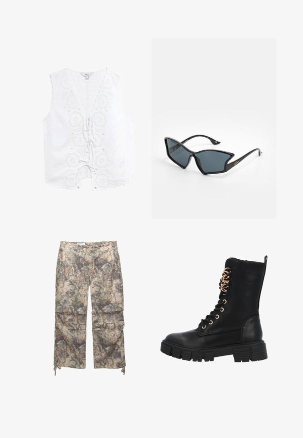 Ärmelloses Top aus weißem Leinen mit bestickten Blumenmustern, gewellten Kanten und einem vorderen Bindebandverschluss mit dekorativen Ösen.; Tarnmuster-Hosen aus einem leichten Stoff, mit elastischem Bund, seitlichen Taschen und verstellbaren Kordelzügen an den Knöcheln.; Schwarze Schnürkampfstiefel mit einer stabilen Gummisohle, kreisförmigen roségoldenen Ösen und einer strukturierten Lederoberfläche. Reißverschluss an der Seite für einen einfachen Zugang.; Schwarze Plastiksunglasses mit einer geometrischen Katzenaugenform, grauen Gläsern und goldenen Akzenten an den Bügeln. Glatte Textur im gesamten Rahmen.