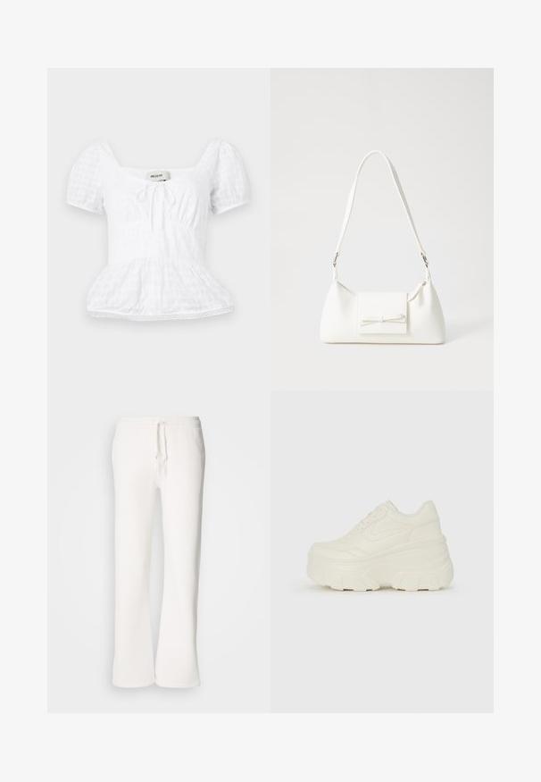 Balts pepluma tops ar kvadrātveida dekoltē, īsām puff piedurknēm un šņorēšanas detaļu, ar teksturētu režģa rakstu un mežģīņu apdari.; Baltas, brīvi pieguļoši sporta bikses, izgatavotas no mīkstas auduma, ar elastīgu jostu un aukliņu, kā arī taisna kāju dizainu.; Baltie platformas sporta apavi, kas izgatavoti no gludas mākslīgās ādas, ar noapaļotu formu, mīkstu apkakli un teksturētu gumijas zoli ar izteiktiem rakstiem.; Balta sintētiska soma ar trīsstūrveida formu, plakanu priekšējo vāciņu un loku detaļu, regulējamu siksnu, gludu tekstūru un minimālistisku dizainu.