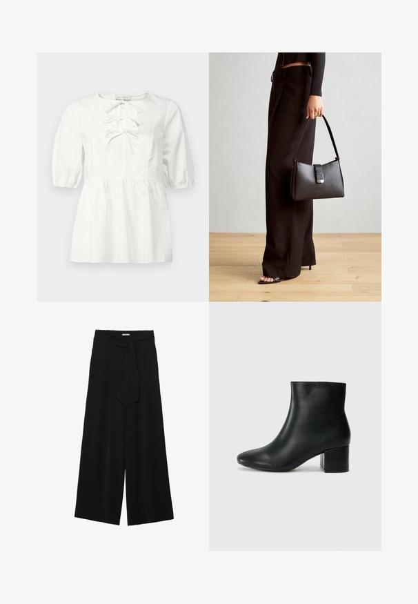 Hvid bluse med korte puffærmer, rund hals og snøre detaljer foran. Har en samlet talje og glat bomuldsstof.; Sorte vide bukser i en tekstureret stofkvalitet, med elastisk talje og et aftageligt bånd i taljen for justerbar pasform.; Sorte læder ankelstøvler med spids tå og en kraftig hæl. Glat tekstur med minimale detaljer og et slankt, tætsiddende design.; Sort håndtaske med struktureret form, glat overflade og metalspænde. Sammen med brede sorte bukser og sandaler med åben tå på trægulv.