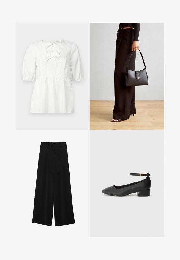 Vit blus med korta puffärmar, rund hals och snörning fram. Har en rynkad midja och mjuk bomullstyg.; Svarta vida byxor med texturerad tyg, elastisk midja och en avtagbar käppknut i midjan för justerbar passform.; Svart läderpump med spetsig tå och en låg klack. Har en ankelsnodd med en guldtonad spänne. Slät textur.; Svart handväska med strukturerad form, slät yta och metallspänne. Matchad med vida svarta byxor och sandaler med öppen tå på trägolv.