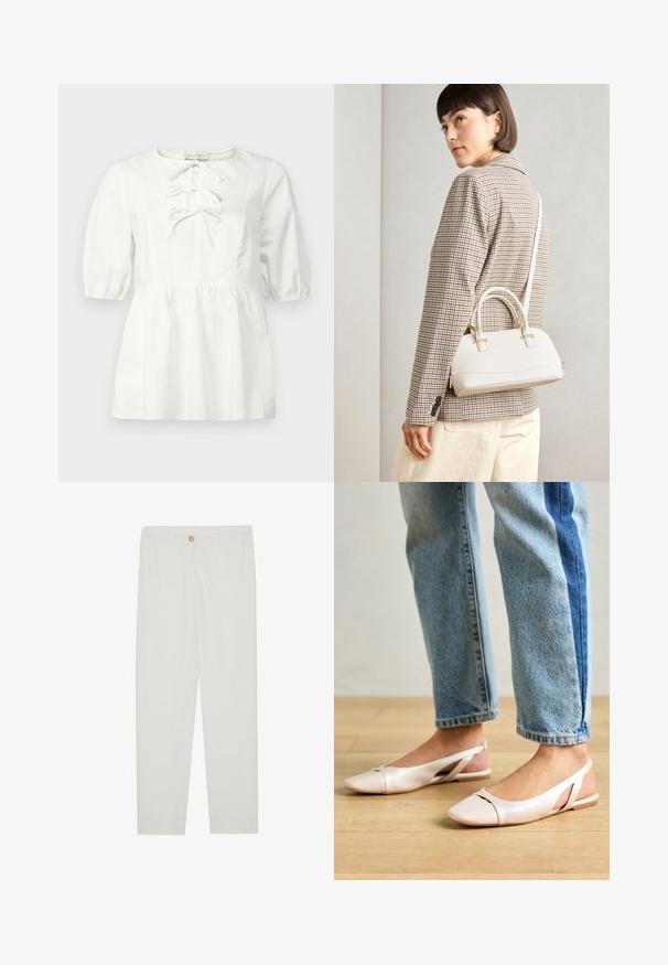 Biela blúzka s krátkymi balónovými rukávmi, okrúhlym výstrihom a predným šnurovaním. Obsahuje naťahovaciu pásovú časť a hladkú bavlnenú látku.; Biele, priliehavé nohavice s rovnými nohavicami, so zapínaním na gombík, pútkami na opasok a bočnými vreckami; hladká textúra látky.; Svetloružové slingback baleríny s jemne špicatou špičkou, vyrobené z hladkého materiálu pripomínajúceho kožu. Majú výrezové detaily na stranách a plochý opätok.; Biela štruktúrovaná kabelka s krátkymi rúčkami a ramenným popruhom, s zlatými kovovými prvkami a textúrovaným materiálom, vystavená na šedom pozadí.
