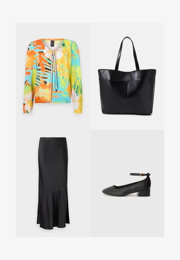 Mugav mitmehalli pluus V-kaelusega, lille- ja troopiliste mustritega oranži, sinise ja rohelise värviga. Pikkade varrukatega, millel on elastsed mansetid.; Mustmust midi seelik, millel on sujuv disain, kergelt laienev alumine äär ja külgmine lõhik liikumisvabaduse tagamiseks. Sile tekstuur.; Must mustaapp, millel on terav nina ja madal blokk-kand. Omab pahkluu rihma koos kuldse tooni pandlaga. Sile tekstuur.; Must mustaga musta nahast, millel on kaks pikka kanda, sile tekstuur ja struktureeritud kuju. Esipoolsel on lisakoti jaoks tasku.