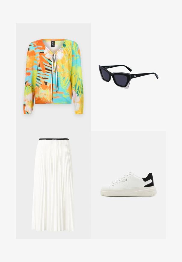 Bluză multicoloră cu decolteu în V, având un model floral și tropical în nuanțe de portocaliu, albastru și verde. Mâneci lungi cu manșete elastice.; Fustă plisată albă cu un brâu elastic negru, având logo-ul "LACOSTE". Design de lungime medie, cu textură moale.; Adidași din piele albă cu o talpă groasă albă, accent de călcâi din suede negru și logo embosat pe lateral. Design cu șireturi și șase orificii.; Ochelari de soare supradimensionați, negri, cu o formă geometrică, având lentile întunecate și un detaliu gri contrastant pe ramă. Logo pe braț.