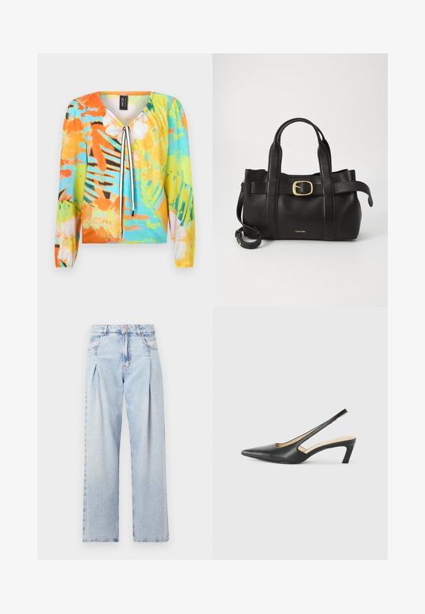 Bunt gemusterte Bluse mit V-Ausschnitt, die ein florales und tropisches Muster in Orange, Blau und Grün zeigt. Lange Ärmel mit elastischen Bündchen.; Helle blaue Denim-Jeans mit hoher Taille, weitem Beinschnitt, zwei seitlichen Taschen und gefaltetem Design. Weiche Textur mit einem ausgebleichten Finish.; Schwarzer spitz zulaufender Slingback-Schuh mit niedrigem Absatz, der aus glattem Leder gefertigt ist und seitliche Ausschnitte für Atmungsaktivität aufweist.; Schwarze Lederhandtasche mit strukturiertem Design, doppelten oberen Griffen, goldfarbenem Schnallenakzent und geprägtem Markenlogo auf der Vorderseite.