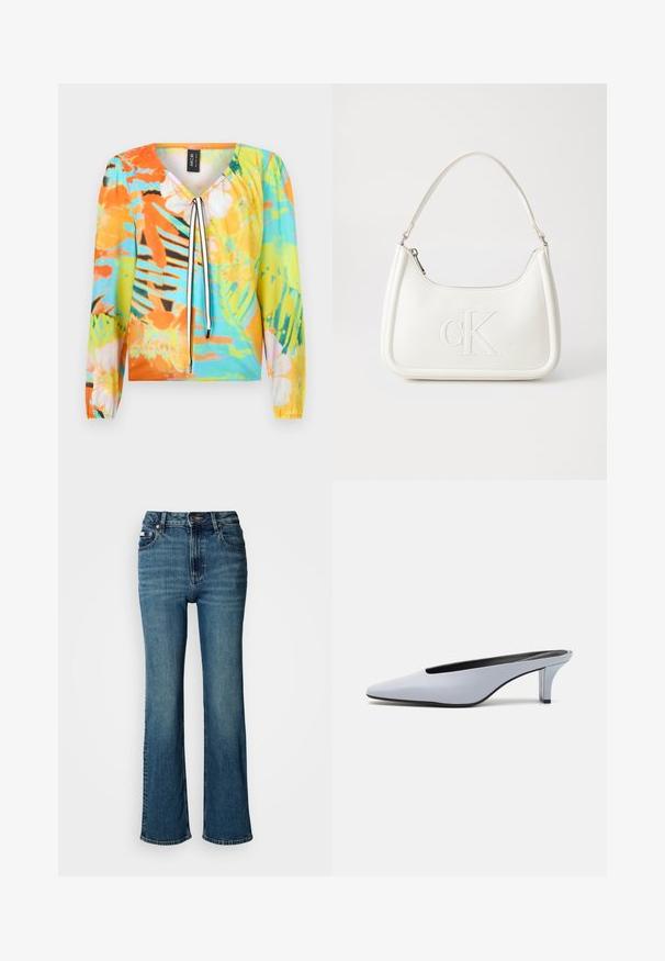Multicolored blouse with a V-neck, featuring a floral and tropical pattern in orange, blue, and green. Long sleeves with elastic cuffs.; High-waisted blue jeans made of denim, featuring a straight leg design, subtle fading, and a standard button and zipper closure.; Light blue patent leather mule with a pointed toe, low transparent heel, and a sleek design featuring a cut-out at the vamp.; White leather handbag with a curved shape, featuring an embossed "CK" logo on the front and a single shoulder strap. Zipper closure at top.