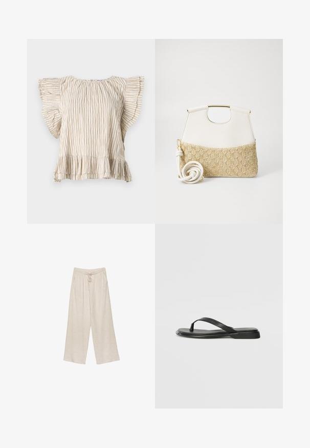 Haut beige à manches courtes avec des plis verticaux, des manches à volants évasés et un ourlet froncé. Tissu léger avec une texture délicate.; Pantalons larges en lin beige, avec une taille à cordon, deux poches latérales et un tissu légèrement texturé pour une meilleure respiration et un confort optimal.; Tongs noires en cuir lisse, avec un design de sangle fine et une semelle plate à profil minimal. Aucun motif ou accent notables.; Sac à main en cuir blanc avec un fond en tissu tissé crème texturé. Comprend une poignée en métal doré et une sangle enroulée blanche pour plus de polyvalence.