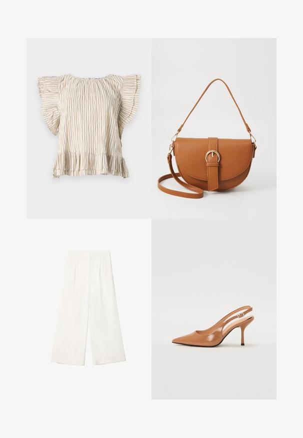 Beige short-sleeve top with vertical pleats, flared ruffle sleeves, and a frilled hem. Lightweight fabric with a delicate texture.; White wide-leg trousers made from a smooth fabric. Features a flat waistband and vertical pleats for added detail.; Pointed toe slingback heel in a smooth, glossy tan material. Features a curved cutout design and a slender stiletto heel. Silver buckle detail.; Brown leather crossbody bag with a curved shape, gold hardware, and a buckle accent. Features a detachable shoulder strap.