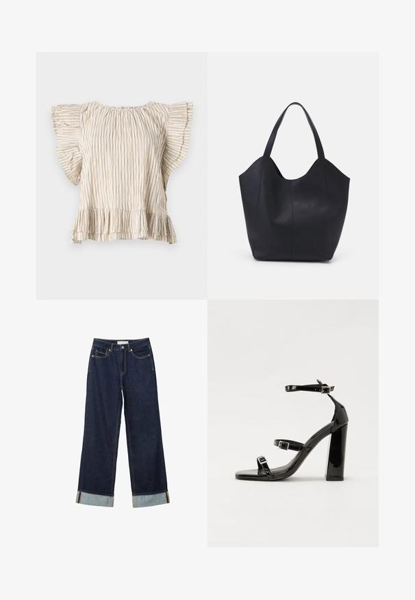 Beżowa bluzka z krótkim rękawem, z pionowymi fałdami, rozkloszowanymi rękawami i falbaniastym dołem. Lekki materiał o delikatnej teksturze.; Ciemnoniebieskie dżinsy o szerokich nogawkach i wysokim stanie, z podwiniętymi mankietami, kontrastowym przeszyciem i pięcioma kieszeniami. Wykonane z materiału dżinsowego.; Czarne lakierowane sandały na obcasie z kwadratowym noskiem, z paskami wokół kostki i srebrnymi klamrami. Posiadają masywny słupek dla stabilności.; Czarna torba na ramię wykonana z gładkiej skóry, z zaokrąglonym, otwartym topem i dwoma paskami na ramię oraz minimalistycznym designem.