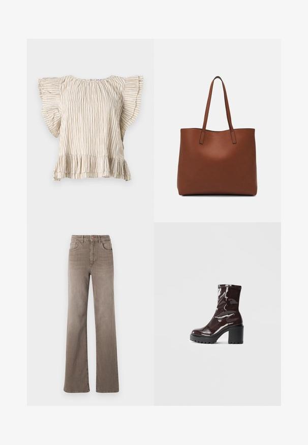 Beige short-sleeve top with vertical pleats, flared ruffle sleeves, and a frilled hem. Lightweight fabric with a delicate texture.; Brown high-waist straight-leg jeans with front button, belt loops, and classic five-pocket design on a white background.; Glossy burgundy ankle boot with a chunky black heel, featuring a smooth texture and simple design. No visible fastenings or patterns.; Brown leather tote bag with a smooth texture, open top design, and two shoulder straps. Features minimal stitching and no visible hardware.