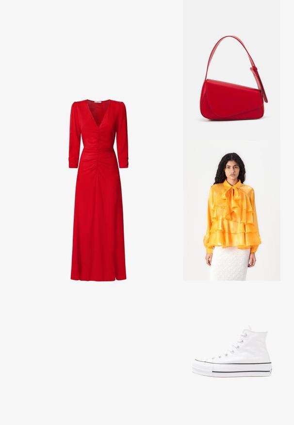 Gelbe Satinbluse mit Rüschenschichten, Schleifenkragen und langen Ärmeln. Die Textur ist glatt und glänzend. Getragen über einem weißen strukturierten Rock.; Rotes Kleid mit V-Ausschnitt, 3/4-Ärmeln und Raffung an der Taille und am Rücken. Der Stoff wirkt glatt und leicht.; Weiße hochwertige Leinensneaker mit schwarzer Gummisohle, vorderem Gummizehenschutz und sechs Ösen für Schnürsenkel, die ein sauberes, minimalistisches Design aufweisen.; Rote Lederhandtasche mit einem kantigen, geometrischen Design. Verfügt über einen verstellbaren Schulterriemen und einen Klappenverschluss mit genähten Details.