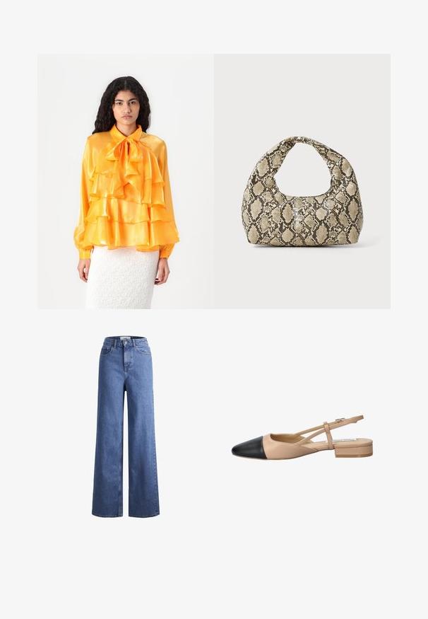Żółta satynowa bluzka z falbaniastymi warstwami, kołnierzykiem na kokardę i długimi rękawami. Tekstura jest gładka i błyszcząca. Nosi się ją na białej fakturowanej spódnicy.; Jasnoniebieskie dżinsy o szerokich nogawkach i wysokim stanie, z dwoma przednimi kieszeniami i widocznym przeszyciem. Posiadają zamek błyskawiczny i zapięcie na guzik.; Beżowo-czarny, dwukolorowy but na pasku z wąskim noskiem, płaskim obcasem i szczegółowym krzyżującym się paskiem. Gładka skórzana faktura.; Torebka w wężowy wzór z zakrzywionym uchwytem. Wykonana z teksturowanych, beżowych i brązowych materiałów, z charakterystycznym wzorem w diamenty.