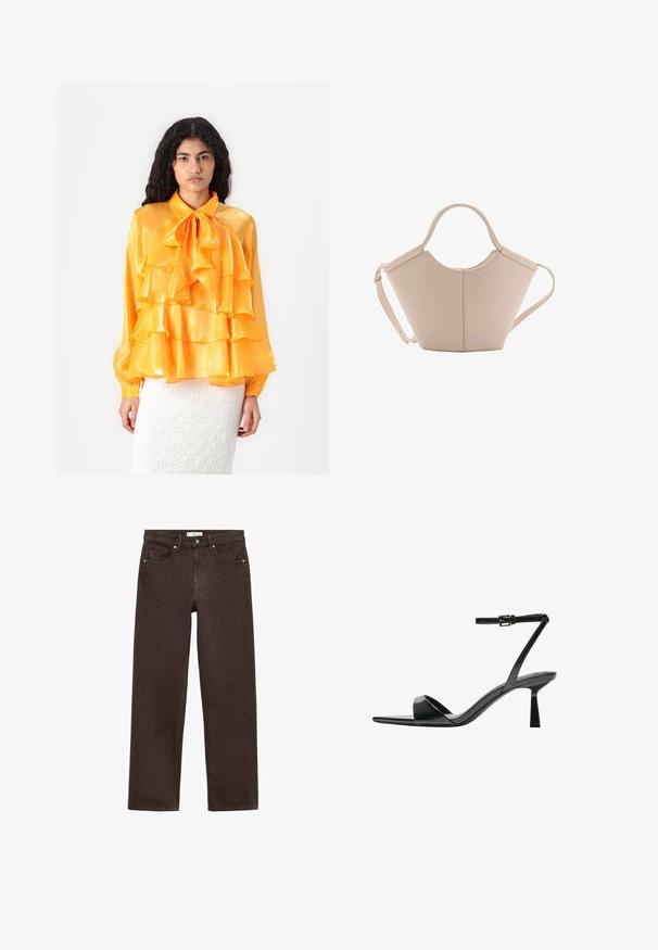 Blusa gialla in satin con strati arricciati, colletto a fiocco e maniche lunghe. La texture è liscia e lucida. Indossata sopra una gonna bianca strutturata.; Jeans a gamba larga marroni realizzati in denim, con un classico design a cinque tasche, chiusura con bottone e dettagli di cucitura discreti.; Bershka Sandali con tacco - black; Borsa in pelle beige con una forma unica, caratterizzata da due manici corti e una lunga tracolla regolabile. Texture liscia con hardware minimale.