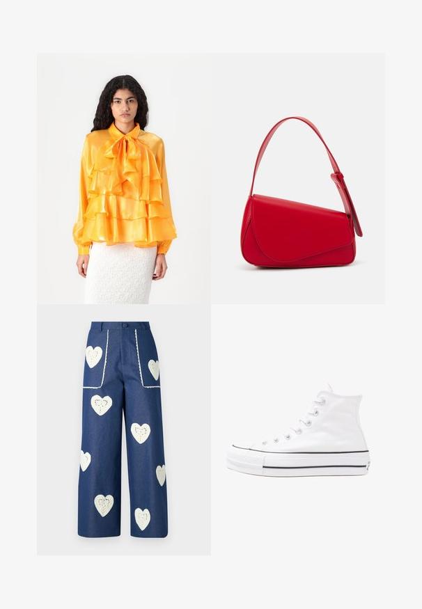 Žltá saténová blúzka s riasenými vrstvami, golierom s mašľou a dlhými rukávmi. Textúra je hladká a lesklá. Nosí sa cez bielu štruktúrovanú sukňu.; Sister Jane HEART TO HEART - Džínsy s rovným strihom - blue denim; Biele vysoké plátené tenisky s čiernou gumovou podošvou, prednou gumovou špičkou a šiestimi okami na šnúrky, s čistým, minimalistickým dizajnom.; Červená kožená kabelka s ostrým, geometrickým dizajnom. Má jeden nastaviteľný popruh a uzatváranie na klopu so šitím.
