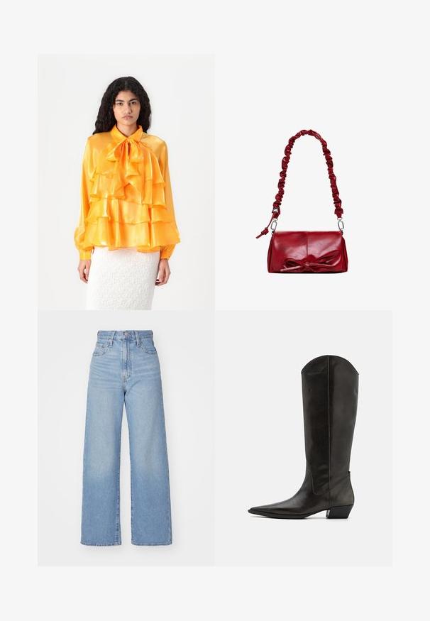 Yellow satin blouse with ruffled layers, bow tie collar, and long sleeves. The texture is smooth and shiny. Worn over a white textured skirt.; Light blue high-waist wide-leg jeans with front button and zip closure, front and back pockets, on a white background.; Black leather knee-high boots with a pointed toe, a low block heel, and a sleek design. The shaft has a slight curve at the top.; Red leather handbag with a gathered strap and a decorative bow on the front. Smooth texture, rectangular shape, silver hardware accents.; Gold-tone metal earrings featuring a curved, half-moon shape and a rectangular shape, both with smooth, polished surfaces.