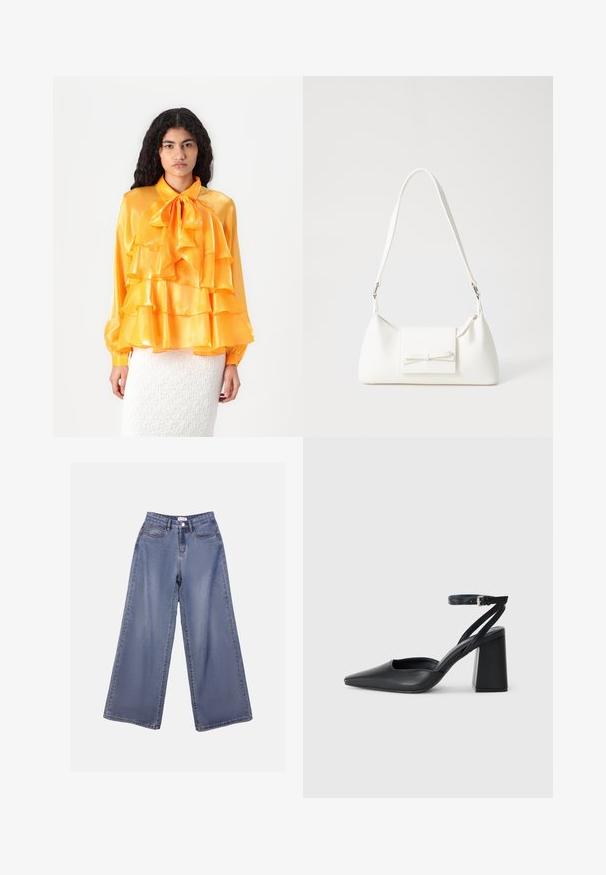 Gul satinbluse med flæser, sløjfekrave og lange ærmer. Teksturen er glat og skinnende. Båret over en hvid struktureret nederdel.; Bredde denim jeans i en lys blå vask, med høj talje, forlommer og knaplukning med bæltestropper.; Sort læder spidse pumps med ankelrem og en chunky hæl. Flad tekstur, slankt design og minimalistisk æstetik.; Hvid syntetisk håndtaske med en trekantet form, flad forsideklap og sløjfedetalje, justerbar strop, glat tekstur og minimalistisk design.