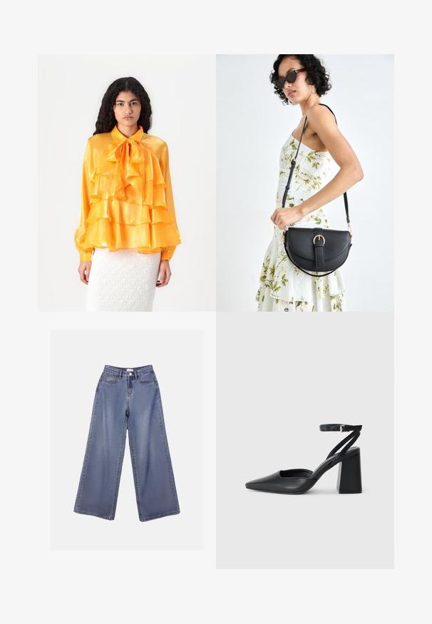 Rumena satenasta bluzica z nabrano plastmi, ovratnik z mašnjo in dolgimi rokavi. Tekstura je gladka in sijoča. Nosijo jo čez belo teksturirano krilo.; Široke denim hlače v svetlo modrem pranju, s poudarjeno pasom, sprednjimi žepi in gumbom za zapiranje z zankami za pas.; Črne usnjene klasične čevlje z ostrim nosom, z zaponko za gleženj in debelim peto. Ravna tekstura, eleganten dizajn in minimalistična estetika.; Črna usnjena torbica s ukrivljeno obliko, z odstranljivo naramnico in zlatimi dodatki. Torbica ima pokrov s podrobnostmi v obliki zaponke.