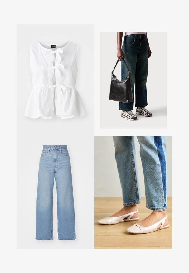Top branco sem mangas em tecido leve, com um corte peplum, amarrações frontais e abertura em formato de olho de fechadura, com decote redondo.; Jeans de cintura alta e perna larga em azul claro, com fecho frontal de botão e zíper, bolsos frontais e traseiros, sobre um fundo branco.; Sapatilhas slingback de cor rosa pálido com bico fino, feitas de um material semelhante a couro liso. Apresentam detalhes recortados nas laterais e um salto plano.; Bolsa de ombro em couro preto com textura suave e alça ajustável, combinada com jeans de perna larga desbotados e ténis desportivos.